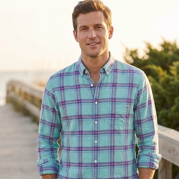 Vineyard Vines Other - Vineyard Vines Slim Fit Murray Shirt Plaid Cotton Linen Blend Teal/Multi Size M